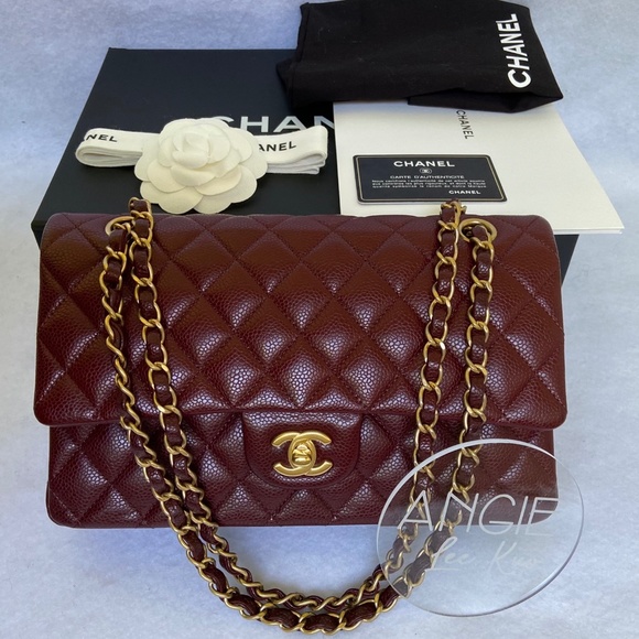 CHANEL Handbags - SOLD 15B CHANEL Classic Medium Double Flap Burgundy Caviar Brush Matte Gold HWR